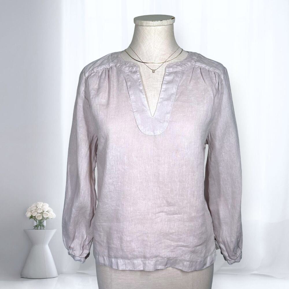 H HALSTON 100% Linen Split Neck Blouse Blush Pink Top Long Sleeve Soft Medium